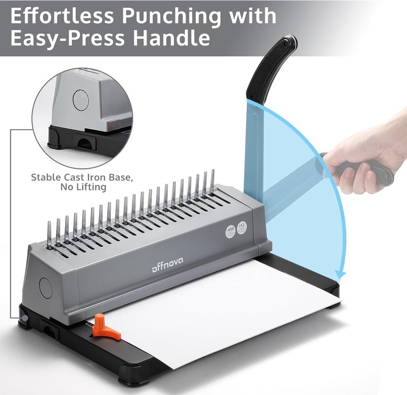 OFFNOVA Binding Machine, 21-Hole 450 Sheets Paper Comb Punch Binder Machine for Letter Size / A4 / A5 Paper, Easy to Punch Handle, Adjustable Margin, Gray - Image 3